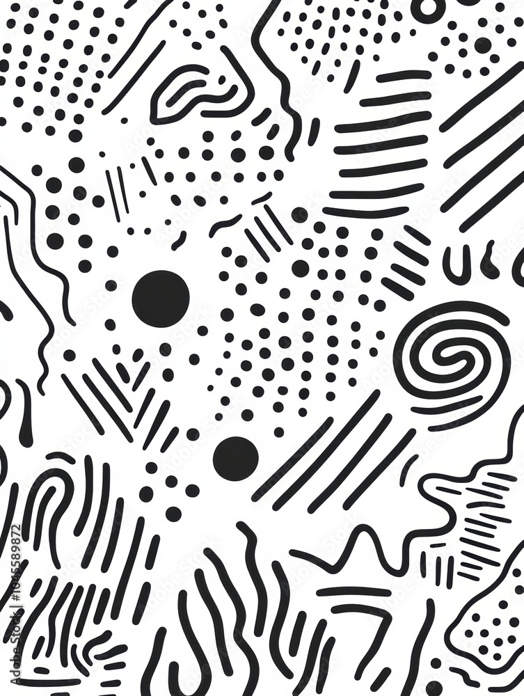 Poster an array of abstract patterns showcases black and white doodles, including spirals, circles, and zig