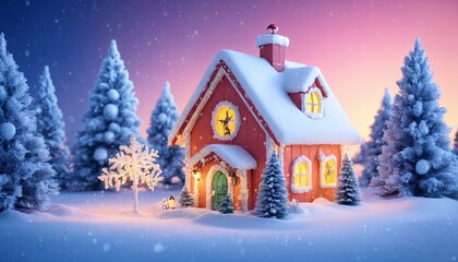3D Christmas snow house with colorful decorative elements and tree