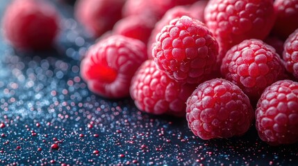 Fresh raspberries resting on a dark surface shine with morning dew and vibrant color