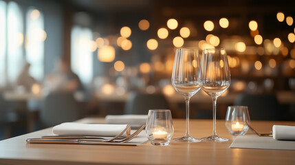 Classic dining table with cutlery and glasses, blurred busy restaurant in the background, warm lighting, elegant and inviting mood