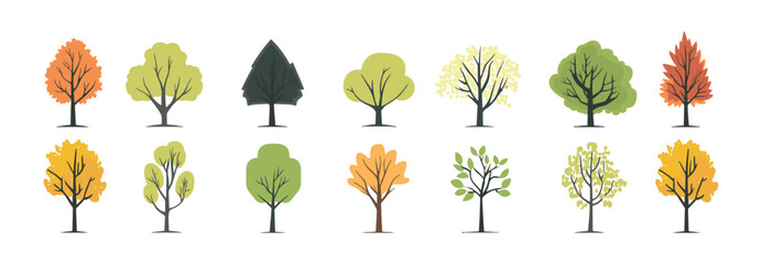 Set of tree and leaf collection hand drawn flat design vector element. botanical set of bare trees and ones with leaves and lush green © lukulo