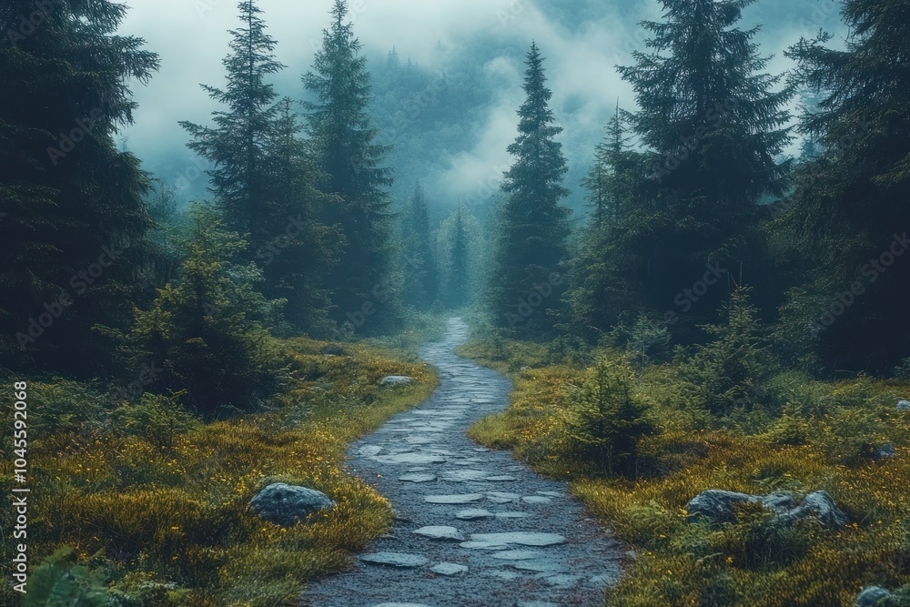 Poster a serene forest path winding through tall trees and mist, inviting exploration and tranquility.