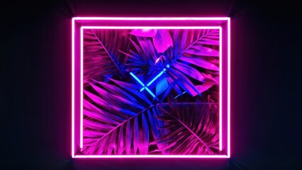 A vibrant neon frame showcasing tropical leaves in vivid colors.