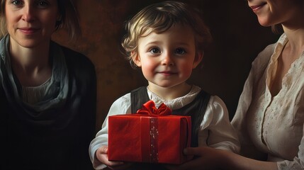 A young child with a red gift box in front of two women, AI