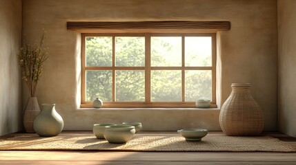 A  traditional Japanese tea ceremony set in a room with a window overlooking a garden.