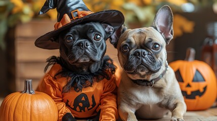 Obraz premium Pets in Halloween costumes with various outfits and decorations. Celebrating Halloween with spooky fun. Ideal for Halloween events and pet costume parties.