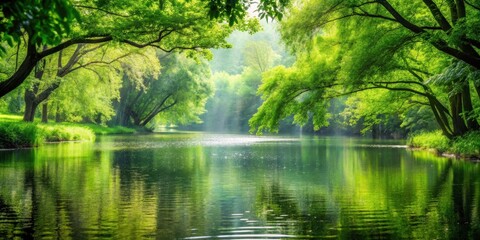 Fototapeta premium A Tranquil River Scene With Lush Greenery, Sunlight, and Reflections of Trees in the Water