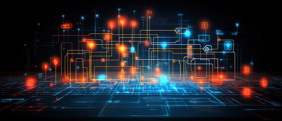 Obraz premium A vibrant showcase of advanced technology and AI is highlighted by colorful data patterns and glowing digital circuits on a dark background, revealing intricate connections
