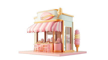Whimsically designed 3D ice cream shop, side view on a transparent setting.