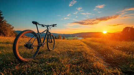 Obraz premium A black mountain bike sits on a grassy hill overlooking a scenic sunset.