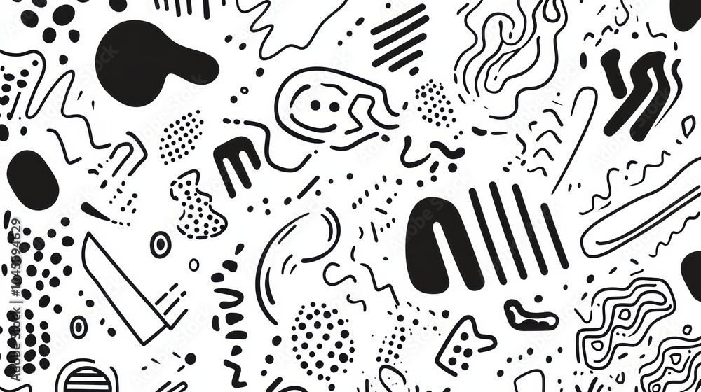 Fototapete a vibrant array of abstract black and white doodles features various patterns, lines, circles, zigza