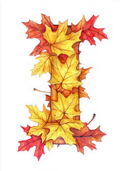 Obraz premium Autumn Alphabet: Red and Yellow Collection, Letter I made of autumn leaves, isolated on white for creative fall projects 