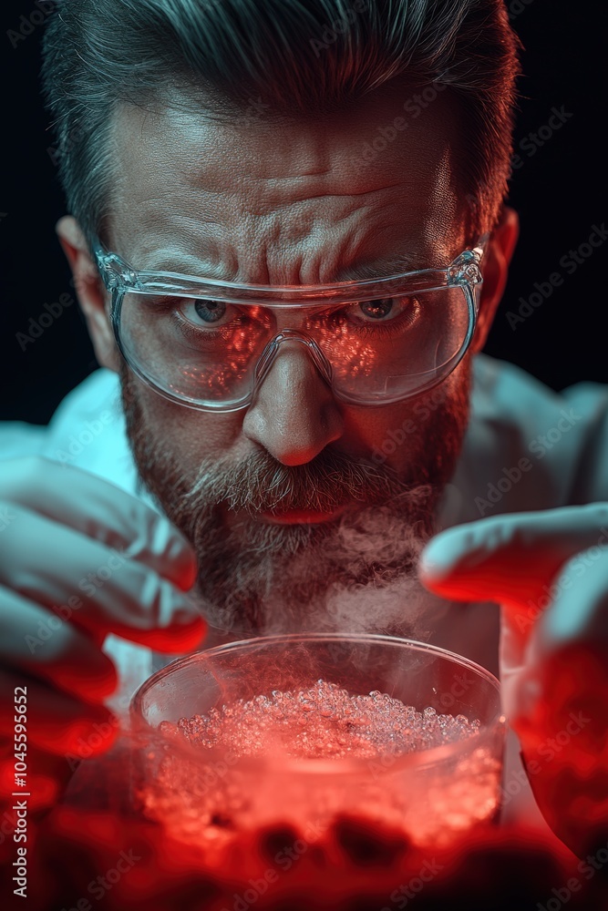 Poster scientist conducting an intriguing experiment with glowing liquid in a laboratory
