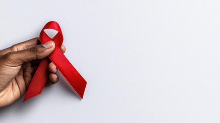 A photostock of a hand raising a red awareness ribbon, white background, healthcare theme