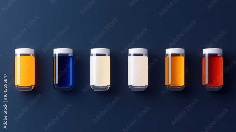 Poster various colored liquid samples displayed in transparent containers against a dark background
