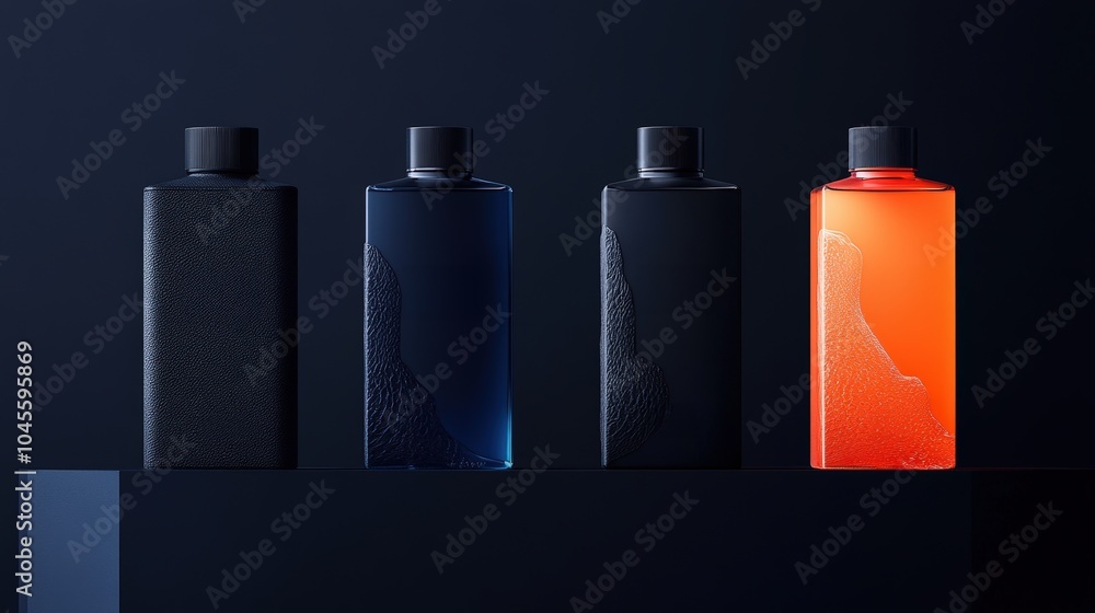 Aufkleber modern bottles arranged on a shelf with colorful liquids against a dark backdrop