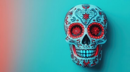 Luminous sugar skull glowing with vibrant red and blue accents, intricate Day of the Dead