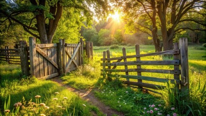 A rustic wooden gate leading to a sun-drenched meadow, framed by towering trees casting long shadows