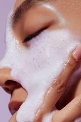 Fototapeta premium Woman applying a cleansing foam on her face during a skincare routine at home