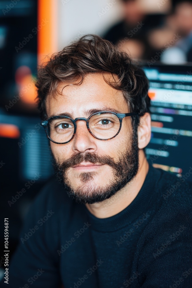 Poster young man with glasses working intently on a computer in a modern office setting