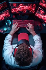 Obraz premium Gamer immersed in a dynamic gaming setup with multiple screens and vibrant lighting at night