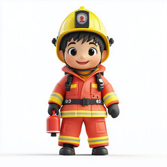 Fototapeta premium a 3D cartoon firefighter while spraying water with a hose in the fire. The firefighter wears a bright red helmet and full protective gear 