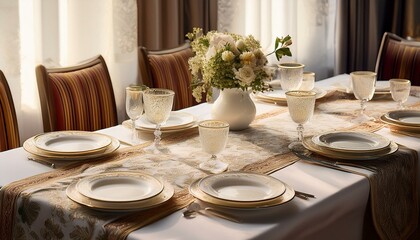 고급스러운 도자기 접시가 테이블 위에 세팅되어 있다