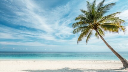 Idyllic tropical beach paradise with a lone palm tree leaning over pristine white sand, crystal-clear turquoise waters, and a serene blue sky dotted with wispy clouds.