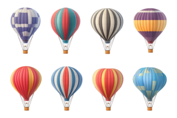 Collection set of colorful hot air balloons isolated on transparent or white background, png