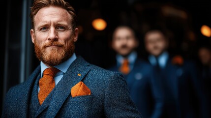 Dapper man in stylish suit with orange accents poses confidently in urban setting