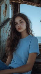 Fototapeta premium A young girl enjoys the serene view from the steps of an old lighthouse overlooking the ocean