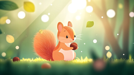 Obraz premium playful squirrel with bushy tail is collecting acorns in sunlit forest. vibrant colors and soft lighting create cheerful atmosphere, capturing essence of nature
