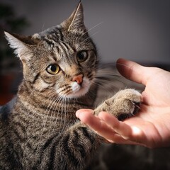 tabby cat putting paw on human hand, AI generated