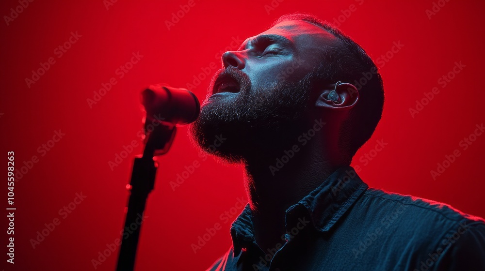 Poster a man singing into a microphone with a red background