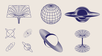 Set of universe design elements. Wireframe planet, worm and black hole, globe, galaxy, sphere Cyberpunk, Vector illustration