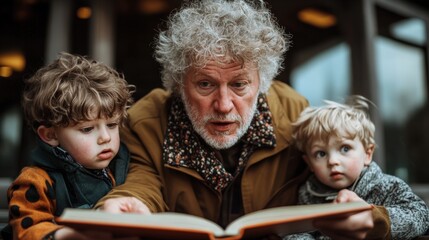 Grandfather shares stories with his grandchildren in a cozy indoor setting during the afternoon