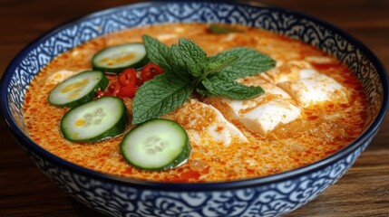 A bowl of laksa, a spicy coconut milk noodle soup with fish cake, cucumber, and mint.