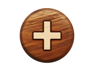 Wooden button with cross symbol in light texture isolated on transparent or white background, png