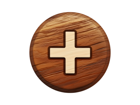 Wooden button with cross symbol in light texture isolated on transparent or white background, png