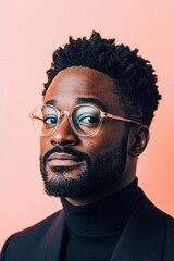Fototapeta premium Confident man in glasses poses against a soft pink background during a professional shoot