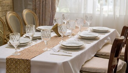 고급스러운 도자기 접시가 테이블 위에 세팅되어 있다