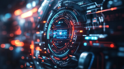 Obraz premium Futuristic technology concept featuring holographic interface with vibrant colors and intricate details, showcasing advanced digital design and innovation