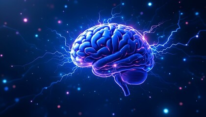 Human brain digital illustration. Electrical activity, flashes and lightning on a blue background. Digital Illustration of the Human Brain. Electrical Activity, Flashes, and Lightning on a Blue Backgr
