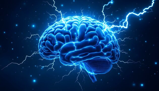 Human brain digital illustration. Electrical activity, flashes and lightning on a blue background. Digital Illustration of the Human Brain. Electrical Activity, Flashes, and Lightning on a Blue Backgr