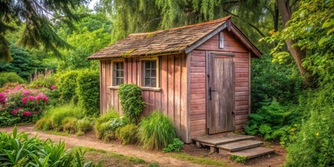 A weathered wooden shed with a rustic door and windows, nestled amidst lush green foliage and a path leading through a vibrant garden.