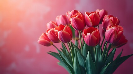 Fototapeta premium A bouquet of pink tulips on a pink background with warm sunlight.