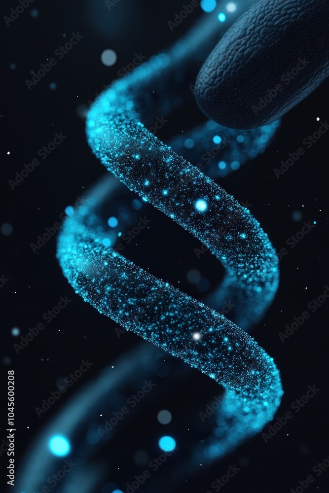 Poster a close-up view of a sparkling blue dna helix twisting in a dark environment