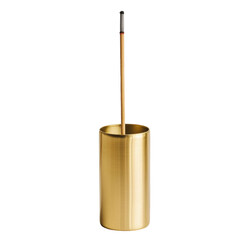 Fototapeta premium Cylindrical brass incense holder with an upright incense stick, featuring a sleek golden finish. Ideal for aromatherapy, home decor, and relaxation settings. Isolated on transparent background, png.