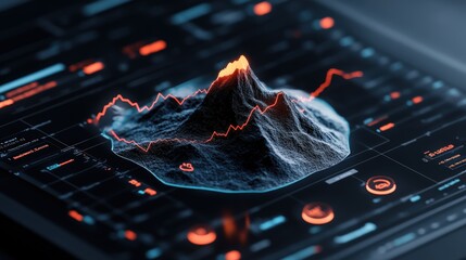 Dynamic 3D mountain visualization on a digital interface showcasing data analysis trends
