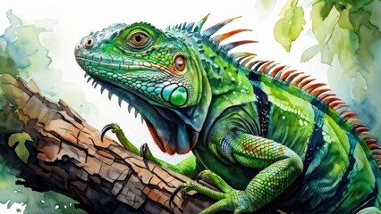 Fototapeta premium A vibrant illustration of a green iguana perched on a branch in a natural setting.